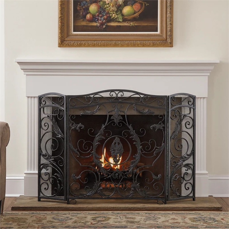 Benjara Fireplace Screen- Scrollwork Mesh Design- Iron w Black- Silver Finish