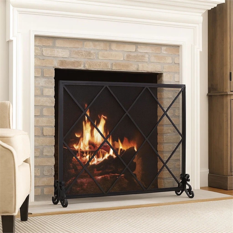 Benjara Fireplace Screen- Classic Diamond Shape with Mesh- 41x32 Black Finish