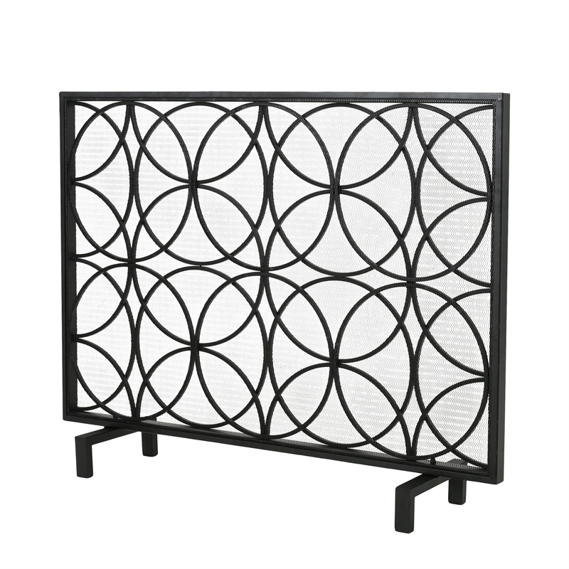 Benjara Fireplace Screen- Overlapping Circles w Mesh- 41x31 Matte Black Frame