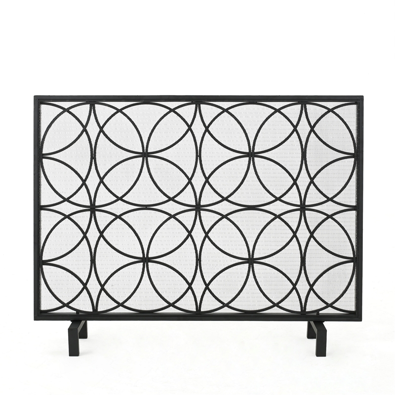 Benjara Fireplace Screen- Overlapping Circles w Mesh- 41x31 Matte Black Frame