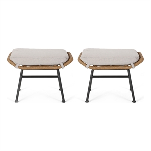 Benjara Margo Outdoor Ottoman Set of 2- 24&quot Black Iron- Brown and Beige