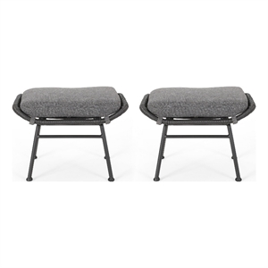 Benjara Margo Outdoor Ottoman Set of 2- 24&quot Black Iron- Gray Cushion