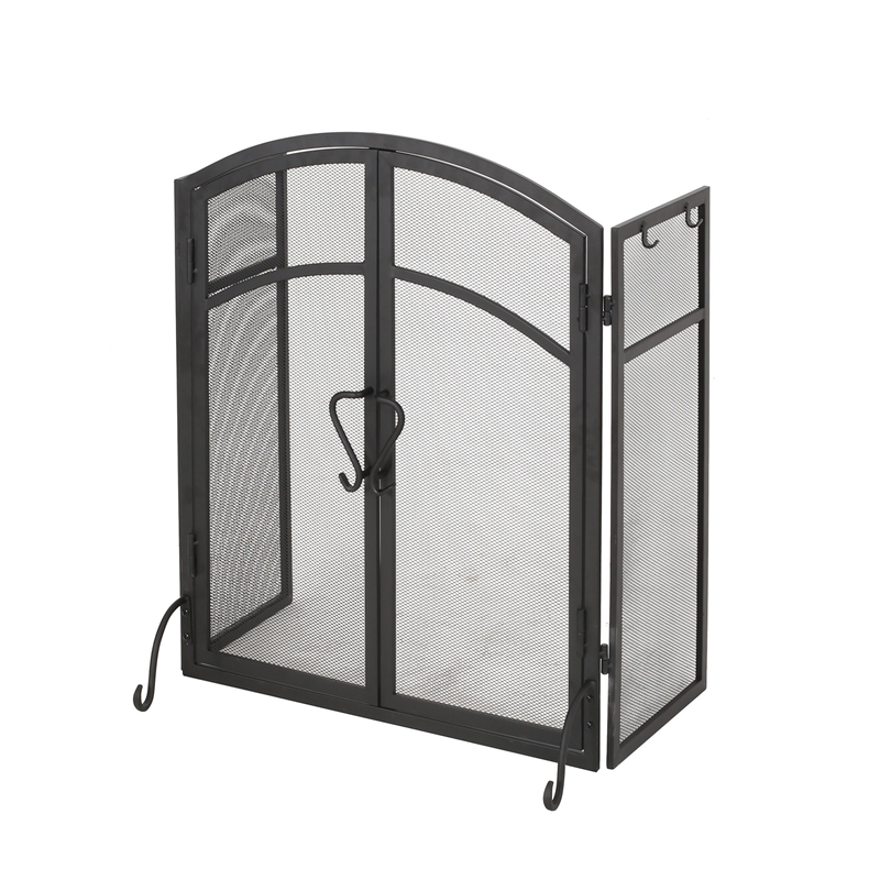 Benjara Tri Fold Fireplace Screen with 4 pcs Tool Set- Fine Mesh- Black Doors