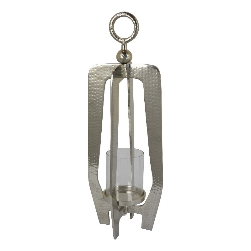 Benjara Brie Candle Holder Lantern- 27 Inch- Silver Metal Frame- Glass Shade