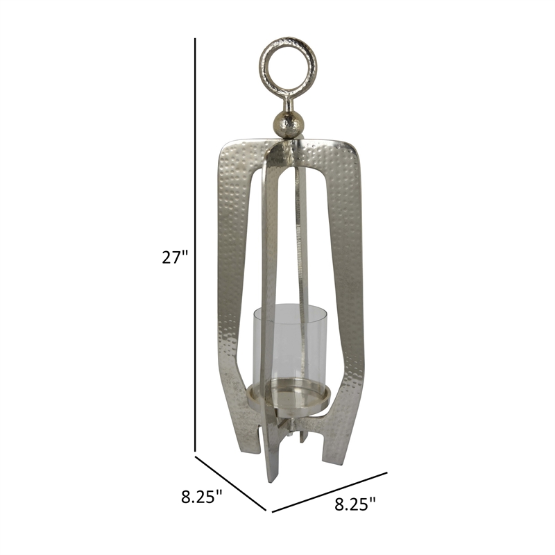 Benjara Brie Candle Holder Lantern- 27 Inch- Silver Metal Frame- Glass Shade