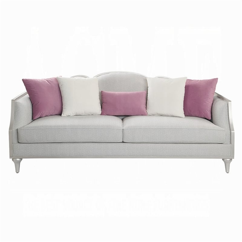 Benjara Kyna Sofa with 5 Pillows- 94 Inch- Champagne Wood Trim and Beige Linen