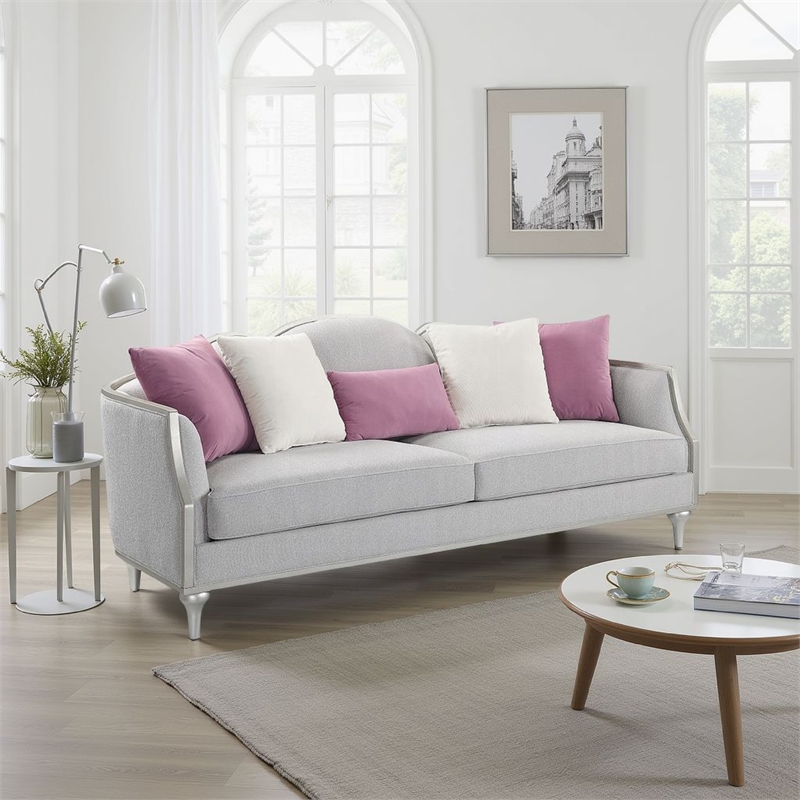 Benjara Kyna Sofa with 5 Pillows- 94 Inch- Champagne Wood Trim and Beige Linen