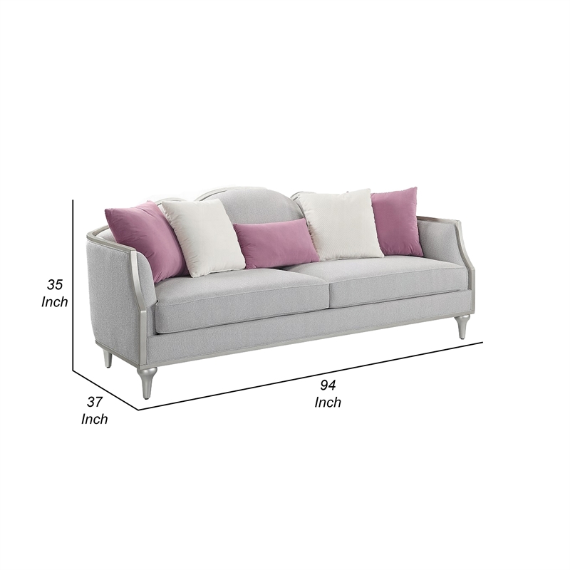 Benjara Kyna Sofa with 5 Pillows- 94 Inch- Champagne Wood Trim and Beige Linen