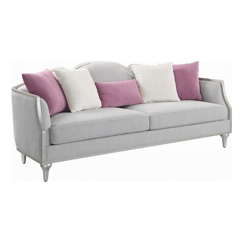 Benjara Kyna Sofa with 5 Pillows- 94 Inch- Champagne Wood Trim and Beige Linen