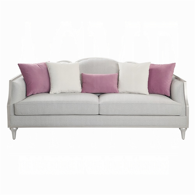 Benjara Kyna Sofa with 5 Pillows- 94 Inch- Champagne Wood Trim and Beige Linen