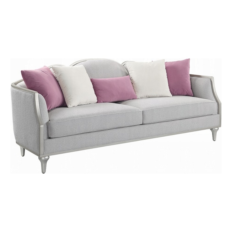 Benjara Kyna Sofa with 5 Pillows- 94 Inch- Champagne Wood Trim and Beige Linen