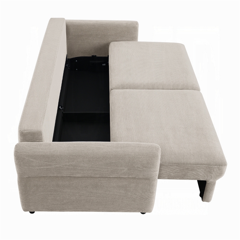 Benjara Isy Sofa with Pull Out Sleeper- Removable Cushions- 2 Pillows- Beige