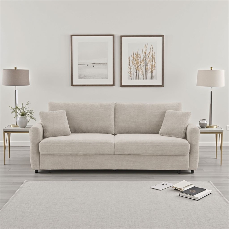 Benjara Isy Sofa with Pull Out Sleeper- Removable Cushions- 2 Pillows- Beige