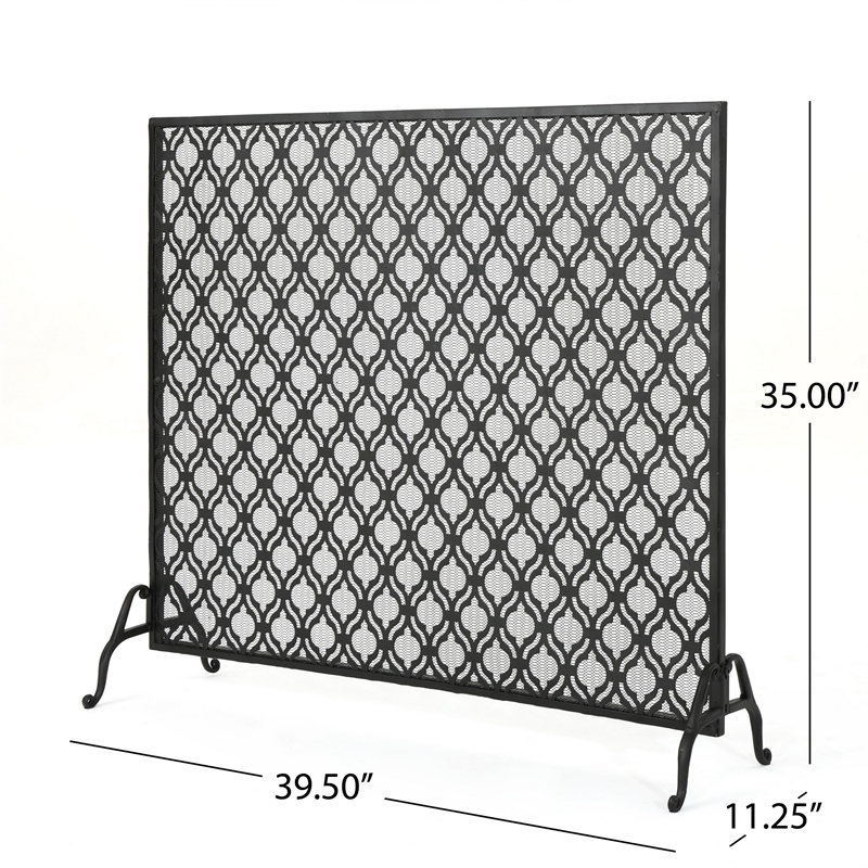 Benjara 35x39 Fireplace Screen- Flower Design- Classic Matte Black Iron Finish