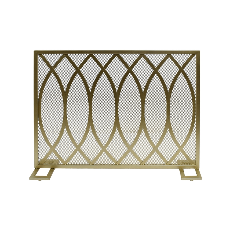 Benjara 30x40 Fireplace Screen- Overlapping Round Lens Design- Gold Iron