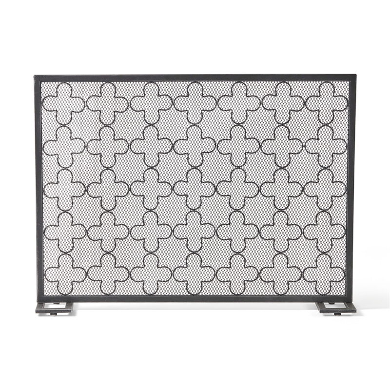 Benjara 30x41 Fireplace Screen- Classic Clover Trellis Pattern- Black Iron