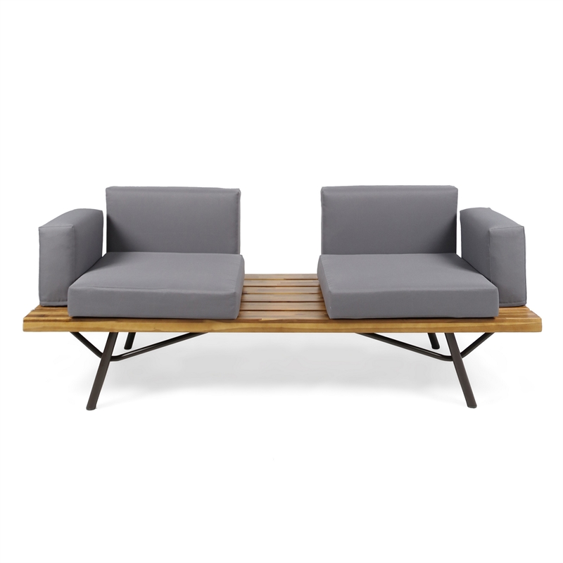 Benjara Outdoor 2 Seater Sofa- Attached Center Slatted Table- Black Iron Legs