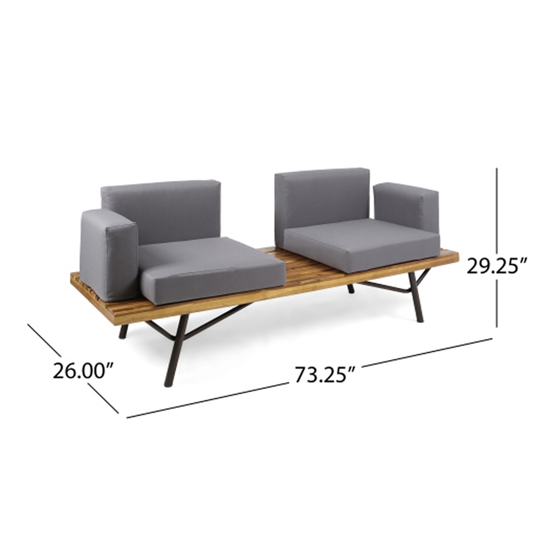 Benjara Outdoor 2 Seater Sofa- Attached Center Slatted Table- Black Iron Legs