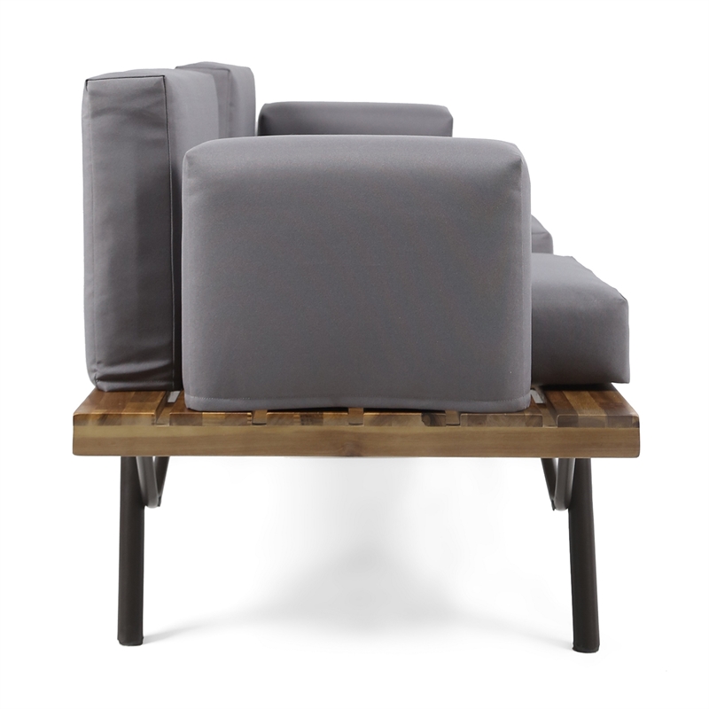 Benjara Outdoor 2 Seater Sofa- Attached Center Slatted Table- Black Iron Legs