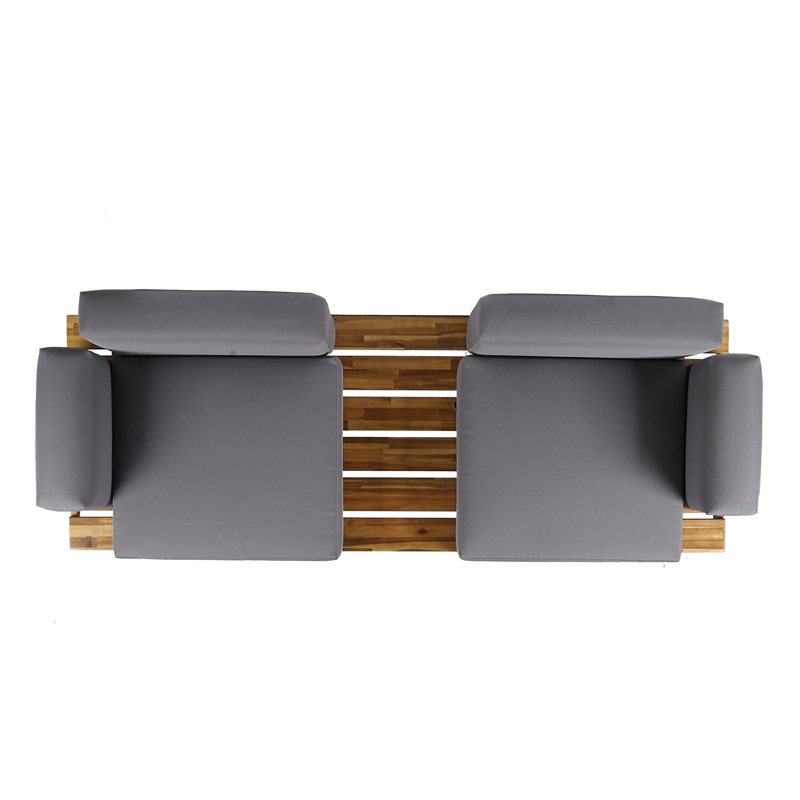 Benjara Outdoor 2 Seater Sofa- Attached Center Slatted Table- Black Iron Legs
