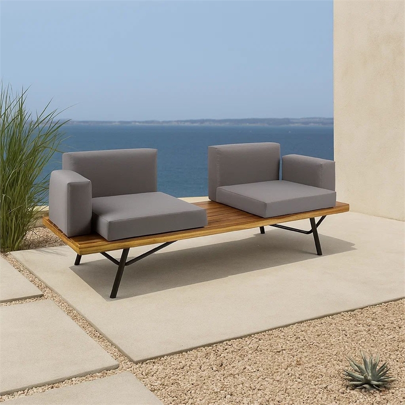 Benjara Outdoor 2 Seater Sofa- Attached Center Slatted Table- Black Iron Legs