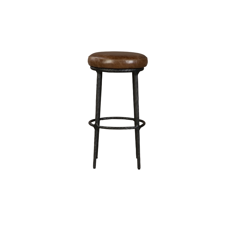 Benjara Mey Counter Stool- Brown Leather Round Seat- Black Forged Iron Base