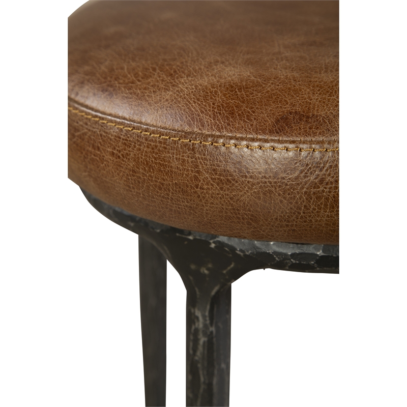 Benjara Mey Counter Stool- Brown Leather Round Seat- Black Forged Iron Base