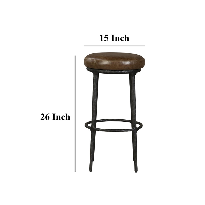 Benjara Mey Counter Stool- Brown Leather Round Seat- Black Forged Iron Base