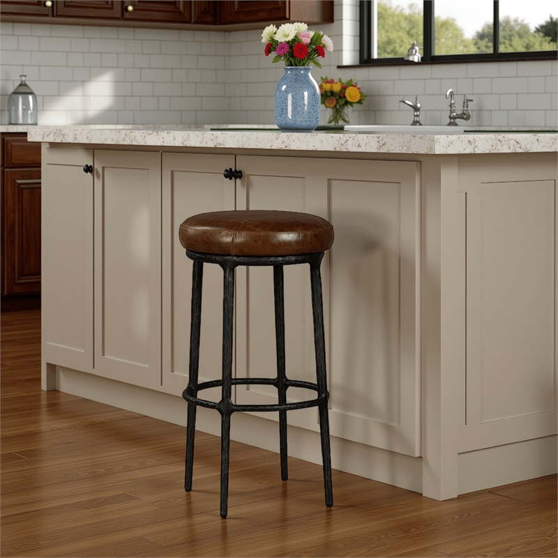 Benjara Mey Counter Stool- Brown Leather Round Seat- Black Forged Iron Base