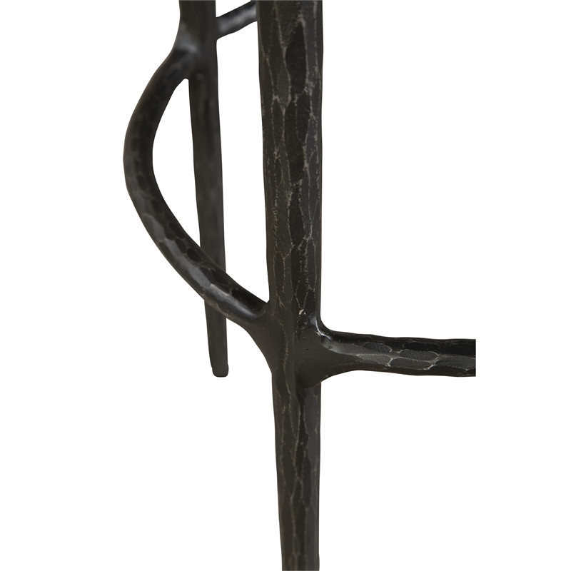 Benjara Mey Counter Stool- Brown Leather Round Seat- Black Forged Iron Base