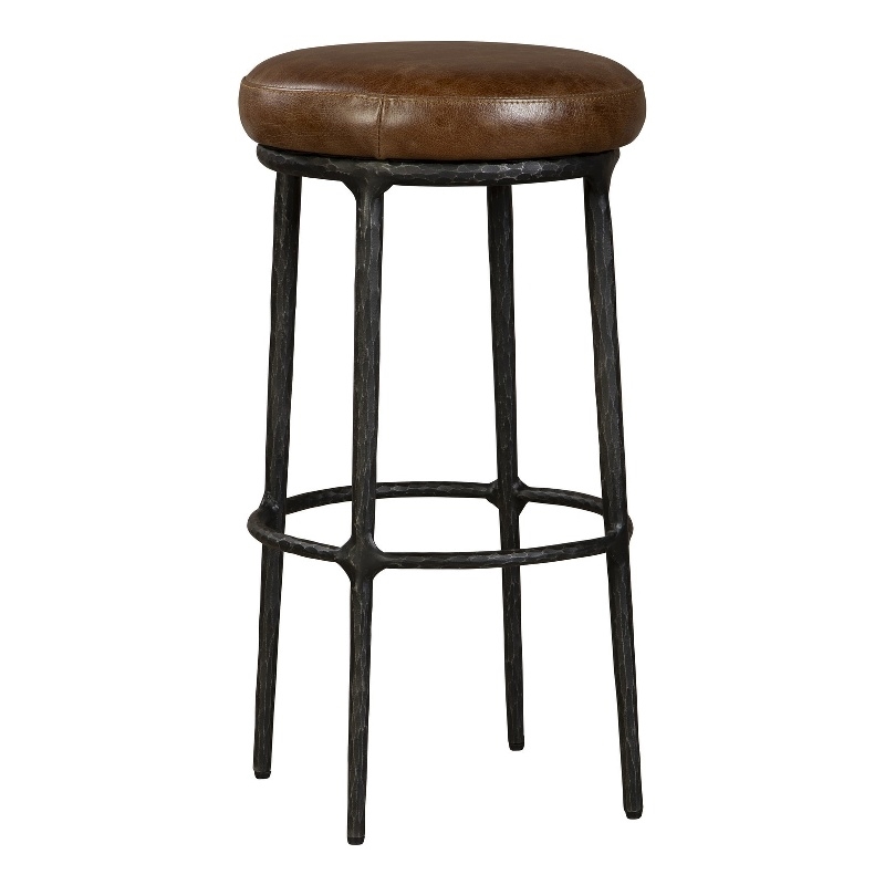 Benjara Mey Counter Stool- Brown Leather Round Seat- Black Forged Iron Base
