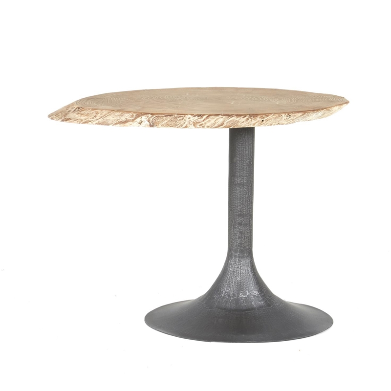 Benjara Lume Side End Table with Metal Trumpet Base- Gray Washed Live Edge Top