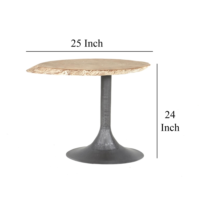 Benjara Lume Side End Table with Metal Trumpet Base- Gray Washed Live Edge Top