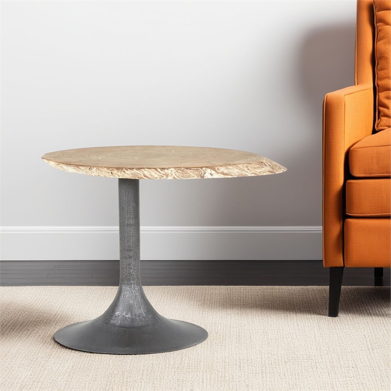 Benjara Lume Side End Table with Metal Trumpet Base- Gray Washed Live Edge Top