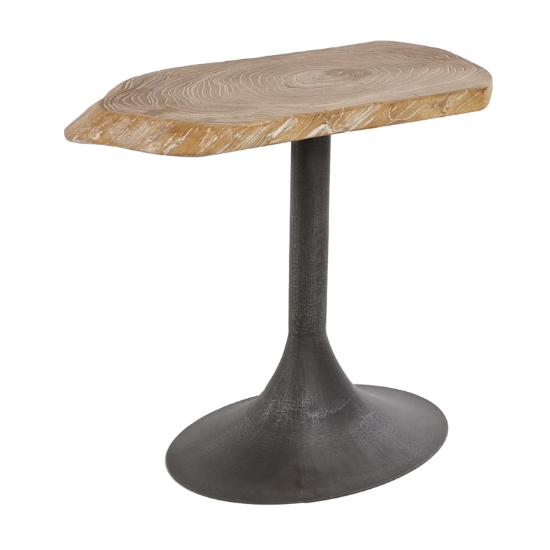 Benjara Lume Side End Table with Metal Trumpet Base- Gray Washed Live Edge Top