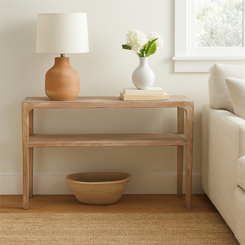 Benjara Tuley Sofa Console Table- Storage Shelf- Pine Wood- Gray- 48 Inch