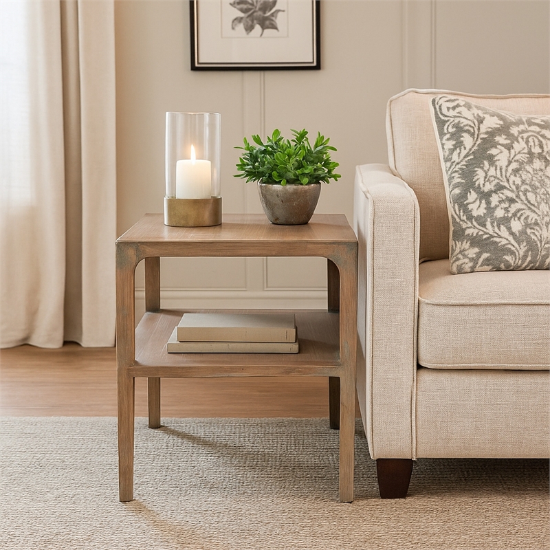 Benjara Tuley Corner End Table- Storage Shelf- Gray Pine Wood- 22in Square