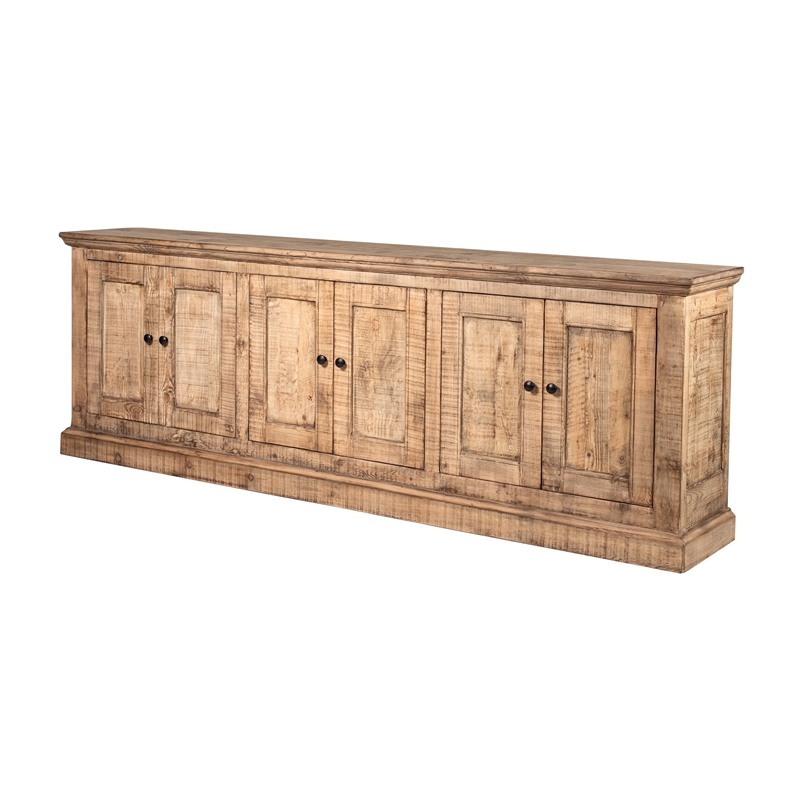 Benjara Miy Sideboard Buffet Cabinet- 6 Door- Natural Brown Pine Wood 106 Inch