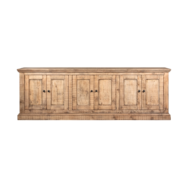 Benjara Miy Sideboard Buffet Cabinet- 6 Door- Natural Brown Pine Wood 106 Inch