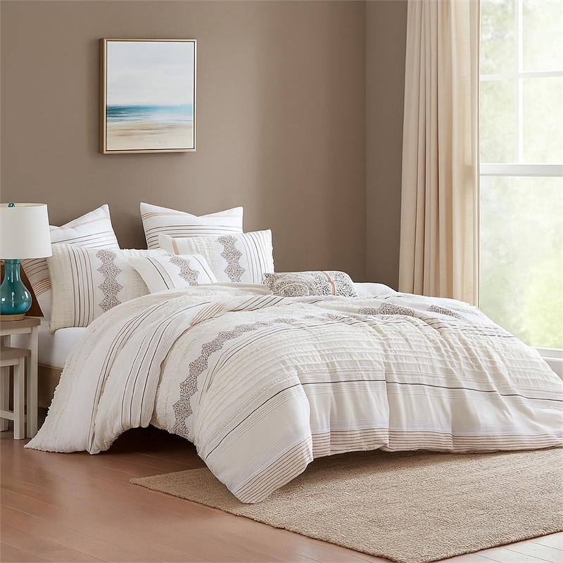 Benjara Jela 5pc Queen Comforter Set- Shams- White Clipped Jacquard Stripe