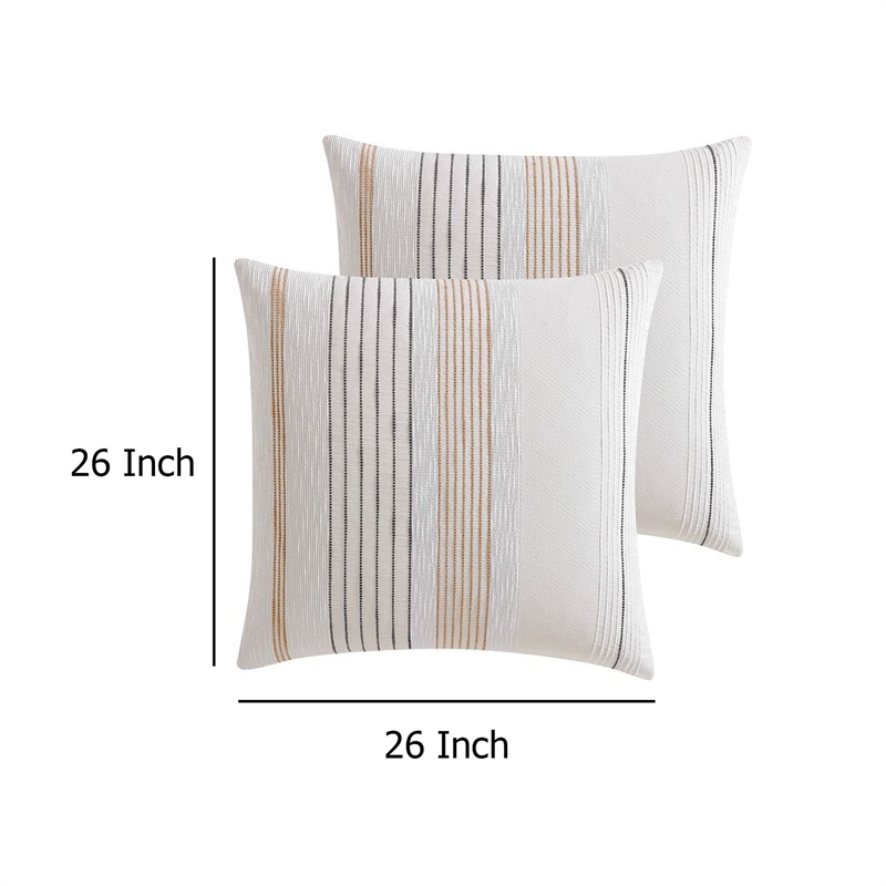 Benjara Jela Euro Sham with Clipped Jacquard Stripes- White Cotton- 26 x 26