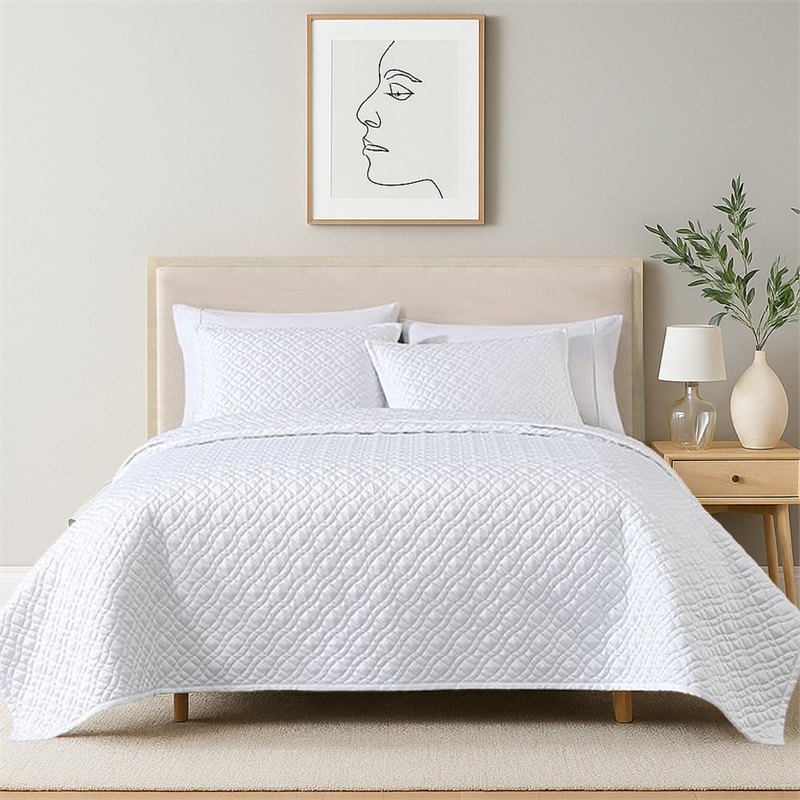 Benjara Keo 3pc King Coverlet Set- Reversible- Pillow Shams White Silky Fabric