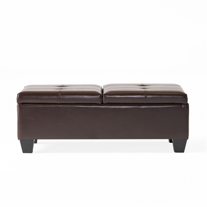 Benjara Storage Ottoman- Chocolate Faux Leather- Soft Cushioning- 47 Inch