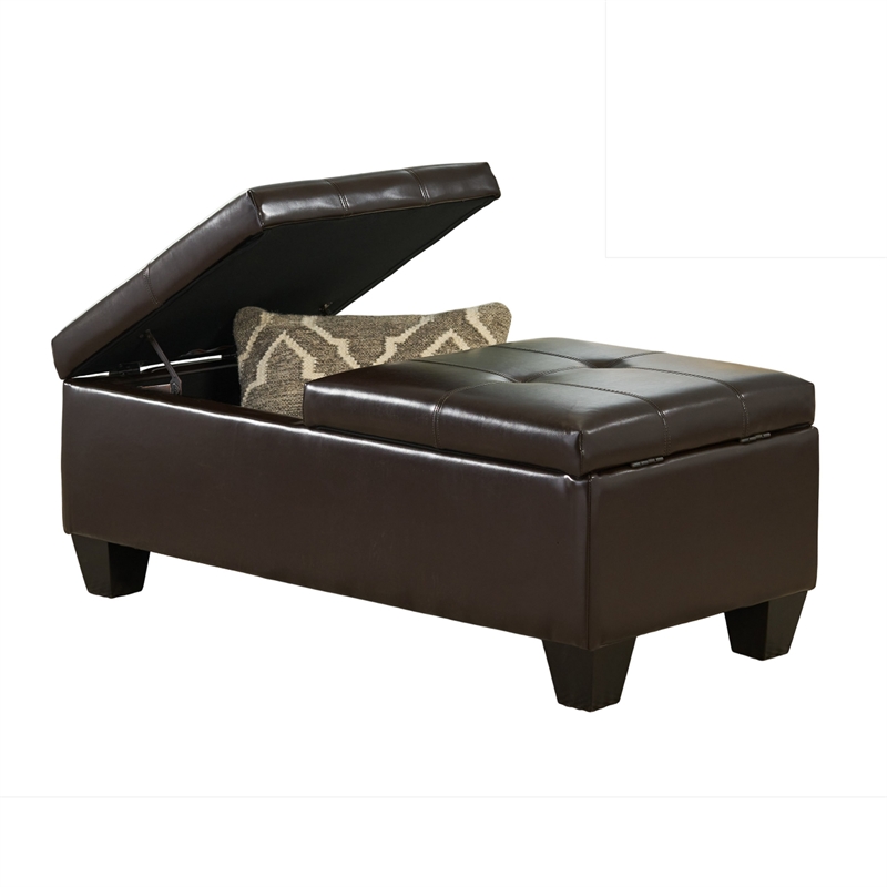 Benjara Storage Ottoman- Chocolate Faux Leather- Soft Cushioning- 47 Inch