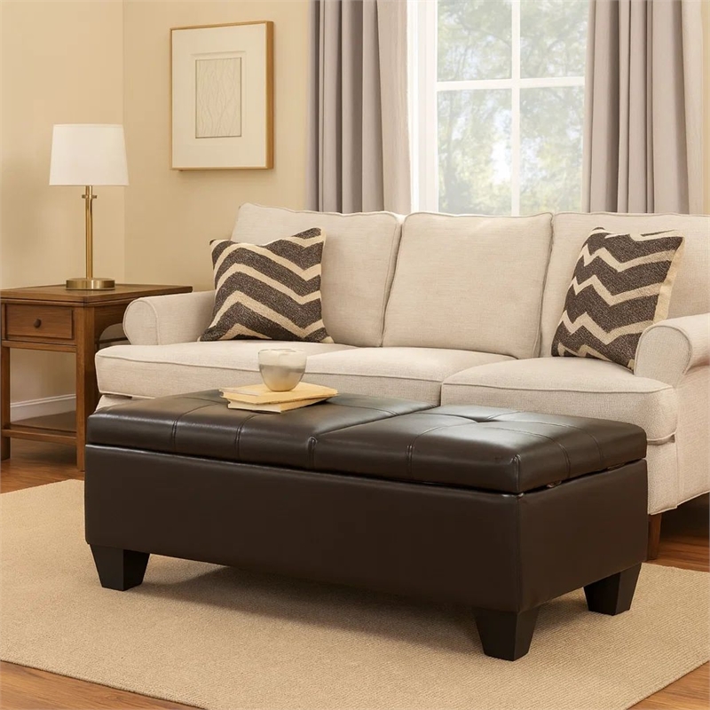Benjara Storage Ottoman- Chocolate Faux Leather- Soft Cushioning- 47 Inch