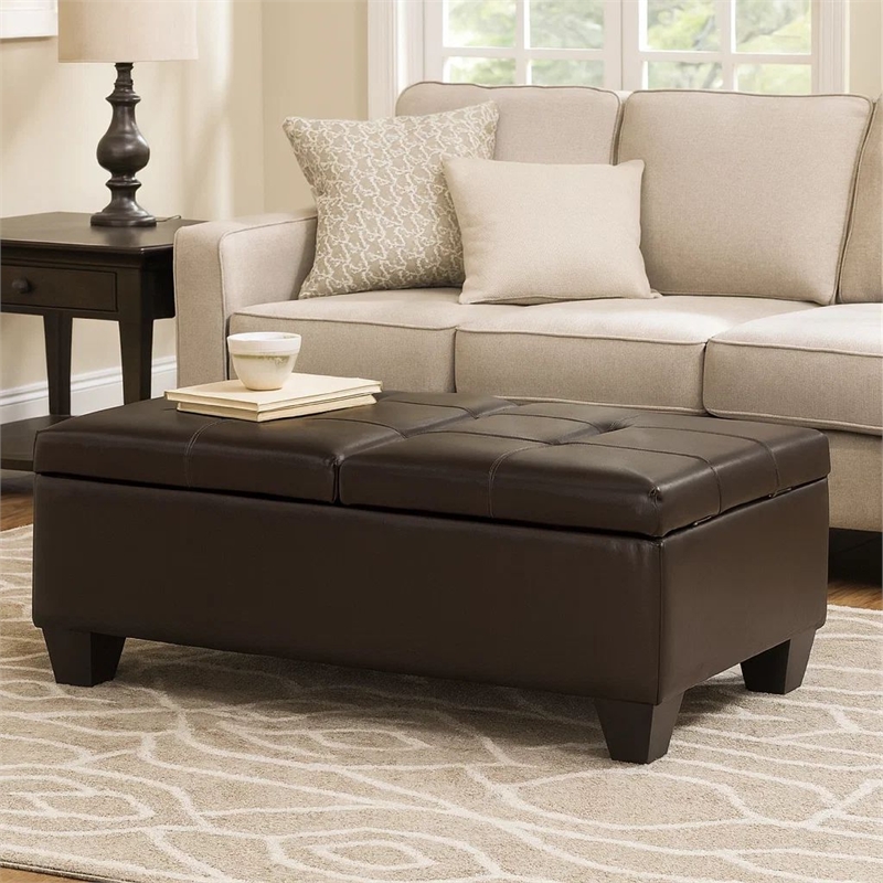 Benjara Storage Ottoman- Chocolate Faux Leather- Soft Cushioning- 47 Inch