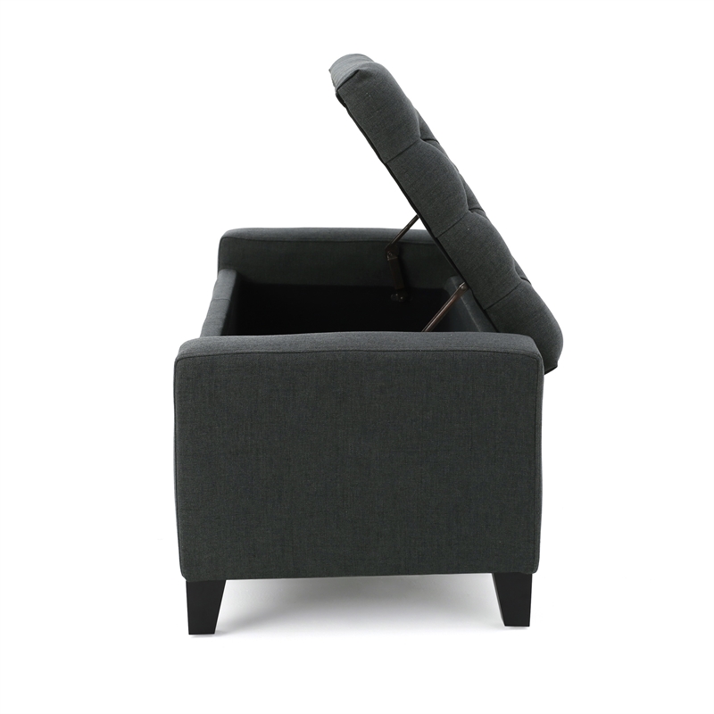 Benjara Storage Ottoman Bench- Dark Gray Fabric- Tufted Top- 51 Inch