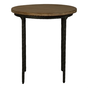 Benjara Lemy Side End Table- 22&quot Rustic Round Brown Top- Black Metal Legs