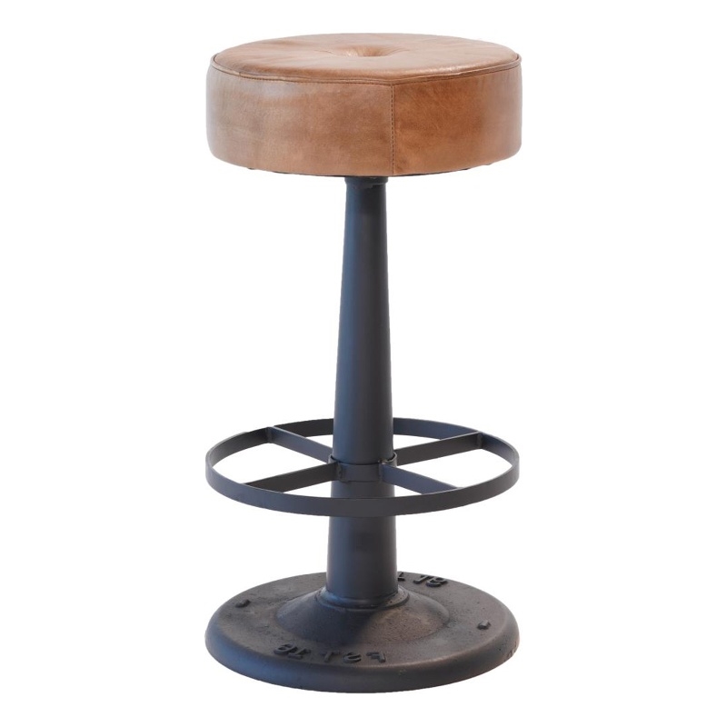 Benjara Counter Stool- Brown Goat Leather- Round Footrest- Black Iron Pedestal