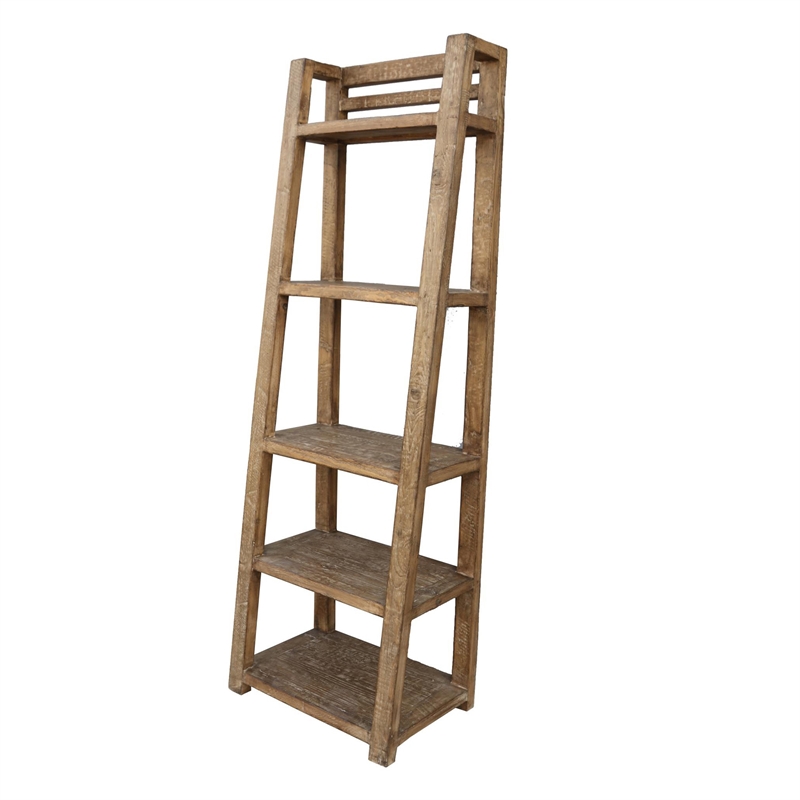 Benjara Bookcase- 5 Tier Ladder Shelves- Rustic Natural Brown Wood- 72 Inch